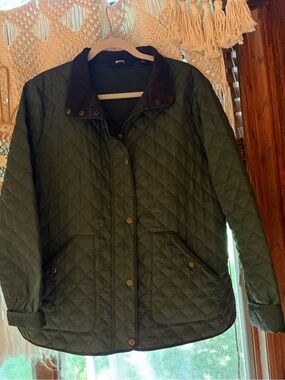 Lands End quilted barn jacket dark green w brown corduroy collar pockets L 14-16